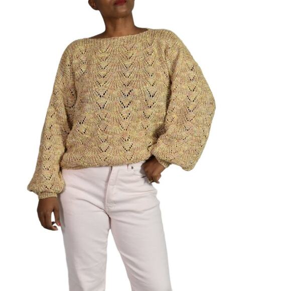 Vintage Sweaters - Vintage Boat Neck Sweater Balloon Sleeve Slouchy Open Knit Neutral Size Small